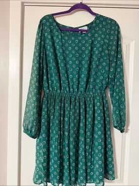 ELLE Teal Green Printed Long Sleeve Dress Size L